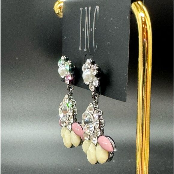 INC Silver Tone Crystal Flower Post Earnings W/ Drop Dangle Crystal Flower - Picture 6 of 8